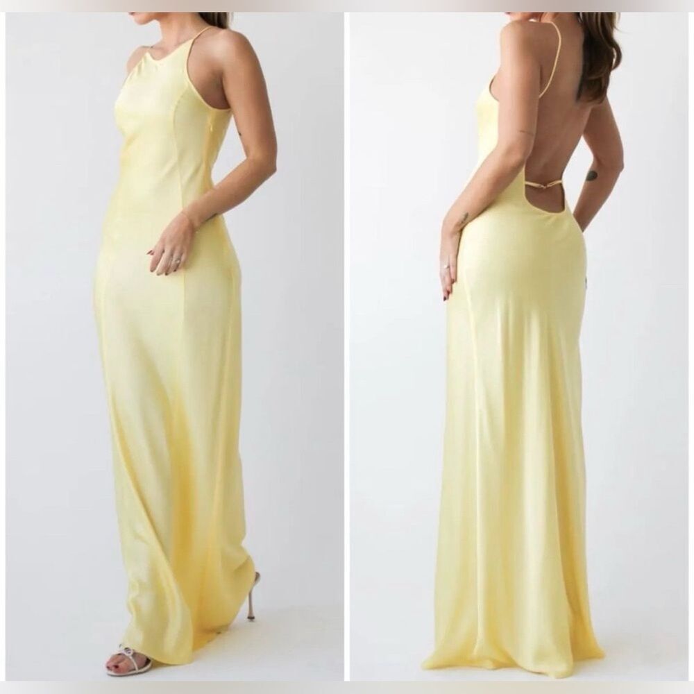 Rumored Yellow Banana Mirielle Backless Silky Formal Prom Maxi Dress